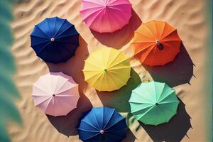 Gruppe von bunt Regenschirme Sitzung auf oben von ein sandig Strand. generativ ai. foto