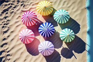 Gruppe von bunt Regenschirme Sitzung auf oben von ein sandig Strand. generativ ai. foto