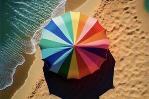 bunt Regenschirm Sitzung auf oben von ein sandig Strand. generativ ai. foto