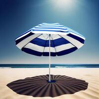 Blau und Weiß Regenschirm Sitzung auf oben von ein sandig Strand. generativ ai. foto