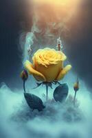 Gelb Rose Sitzung auf oben von ein Wolke bedeckt Boden. generativ ai. foto