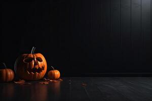 gespenstisch Halloween Kürbis, Jack Ö Laterne, mit ein böse Gesicht und Augen auf ein hölzern Bank, Tabelle mit ein neblig Nacht Hintergrund mit Raum zum Produkt Platzierung. generativ ai. foto