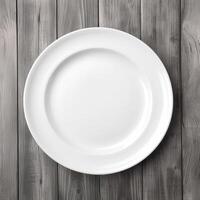 ein leeren Teller auf ein Weiß hölzern Tisch. oben Aussicht von Weiß Keramik Teller auf Weiß hölzern. generativ ai. foto