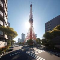 Tokyo Turm im schließen oben Aussicht mit klar Blau Himmel, berühmt Wahrzeichen von Tokio, Japan. generativ ai. foto