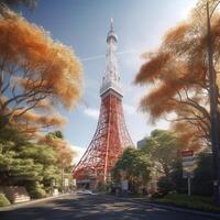 Tokyo Turm im schließen oben Aussicht mit klar Blau Himmel, berühmt Wahrzeichen von Tokio, Japan. generativ ai. foto