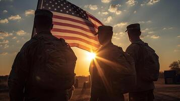 USA Heer Soldat mit Nation Flagge. Gruß Karte zum Veteranen Tag , Denkmal Tag, Unabhängigkeit Tag . Amerika Feier. generativ ai. foto