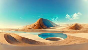 3d Wüste Szene mit Oase von Wasser und Palme Bäume. generativ ai foto