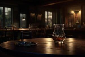 Reich Whiskey im ein Glas, bereit elegant auf ein hölzern Tisch. generativ ai foto