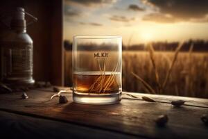 Whiskey Glas glänzt gegen ein heiter Weizen Feld beim Sonnenuntergang, der Natur Harmonie. generativ ai foto