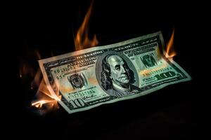 Flammen verbrauchen Dollar Rechnungen, symbolisieren finanziell Aufruhr und Verlust. generativ ai foto