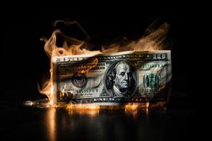 Flammen verbrauchen Dollar Rechnungen, symbolisieren finanziell Aufruhr und Verlust. generativ ai foto