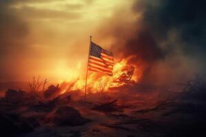 Flammen verschlingen ein amerikanisch Flagge, symbolisieren Aufruhr und Konflikt. generativ ai foto