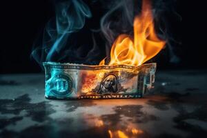 Flammen verbrauchen Dollar Rechnungen, symbolisieren finanziell Aufruhr und Verlust. generativ ai foto