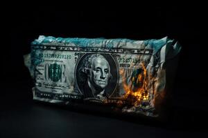 Flammen verbrauchen Dollar Rechnungen, symbolisieren finanziell Aufruhr und Verlust. generativ ai foto