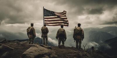 Elite uns Besondere Kräfte Soldat steht stolz Vor ein Flagge, Auszeichnung das gefallen. generativ ai foto