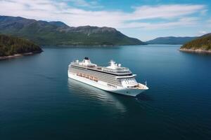 groß Kreuzfahrt Schiff im Fjorde. Tourismus Ferien und Sommer- reisen. generativ ai foto