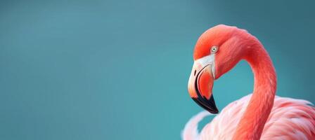 schließen oben Porträt von Flamingo Vogel auf Pastell- farbig Hintergrund. generativ ai foto