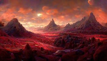 Original Landschaft von ein unerforscht Planet, ein Fantasie Berg mit ein versteckt Höhle und ein Plasma rot Himmel. generativ ai foto