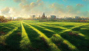 Gras Feld mit Stadt Hintergrund, 3d Wiedergabe, detailliert, farbig. generativ ai foto