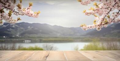 leeren hölzern Tabelle mit Frühling Kirsche blühen Dekoration. verschwommen Bokeh Berg und See Aussicht Hintergrund. Kopieren Raum. zum Produkt Anzeige. Vorlagen, Medien, Drucken, usw., generieren ai foto