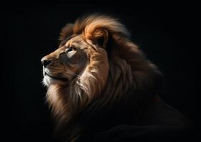 detailliert Porträt von ein Löwen Gesicht, isoliert auf schwarz Hintergrund. generativ ai foto