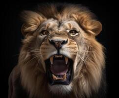 detailliert Porträt von ein brüllend Löwen Gesicht, isoliert schwarz Hintergrund, generativ ai foto