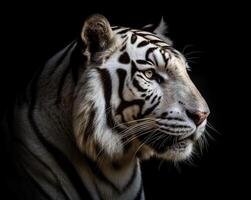 detailliert Porträt von Weiß Tiger Gesicht, isoliert auf schwarz Hintergrund. generativ ai foto