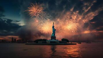 Hintergrund Aussicht von Freiheit Statue im das Mitte von das Meer und Feuerwerk Dekoration, Konzept von feiern amerikanisch Unabhängigkeit Tag, generieren ai foto