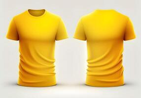 einfach Gelb T-Shirt Attrappe, Lehrmodell, Simulation Vorlage. Vorderseite und zurück Sicht. ai generativ foto