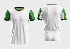 Weiß und Grün Sport Jersey Attrappe, Lehrmodell, Simulation, Vorderseite und zurück Sicht, generativ ai foto