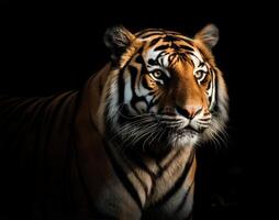 detailliert Porträt von ein Tigers Gesicht, isoliert auf schwarz Hintergrund. generativ ai foto