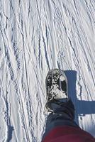 niedrig Sektion von Skifahrer tragen Stiefel und Ski Stehen auf schneebedeckt Land foto