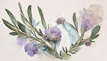 Ausgezeichnet Lavendel Eukalyptus Blätter, Salbei, und Olive Geäst machen oben diese Blume Rahmen von ein Digital Aquarell malen. generativ ai foto