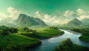 Frühling Wasserfall beim Grün Feld. generativ ai foto