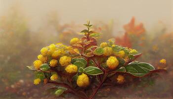 klein Strauch mit Gelb Blätter im neblig Herbst Morgen, detailliert, farbig. generativ ai foto