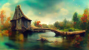 Fee Haus auf das Fluss und hölzern Brücke, Foto-Manipulation, 3d rede, detailliert, farbig. generativ ai foto