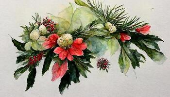 Aquarell Weihnachten Blumen- Strauß, Hand gezeichnet botanisch Winter Pflanzen, Weihnachtsstern Blume. generativ ai foto