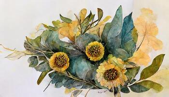 Sonnenblume und Eukalyptus Blätter Strauß, Aquarell Blumen- Illustration, Gelb Blumen. generativ ai foto