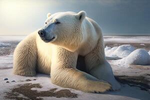 Polar- Bär auf ein Eis Scholle im das Arktis Meer gegen das Hintergrund von das Morgen Sonne. ai generiert. foto