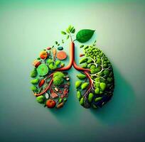 Gesundheit Tag, das Konzept von Mensch Lunge im das bilden von Gras und Bäume. ai generiert. Grün Hintergrund. foto
