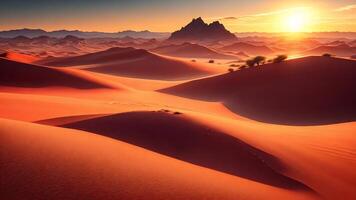 Wüste Landschaft mit Baum und Sand Dünen beim Sonnenuntergang. ai generiert foto