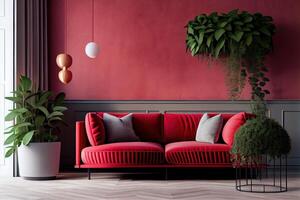 modern Innere Design von Wohnung, Leben Zimmer mit rot Sofa Über das Stuck Mauer. Zuhause Innere mit Pflanze . ai generiert foto