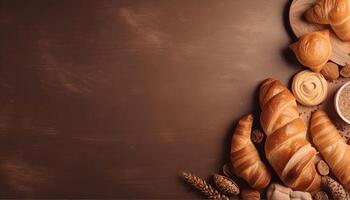 Croissants und Brot Rahmen mit Kopieren Raum. generativ ai foto