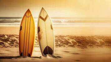 romantisch Sommer- Komposition mit zwei Surfbretter auf Sand Strand auf verschwommen Meer Aussicht Hintergrund mit Kopieren Raum. Reise Abenteuer und Wasser Sport. Entspannung und Sommer- Ferien Konzept. Generation ai foto