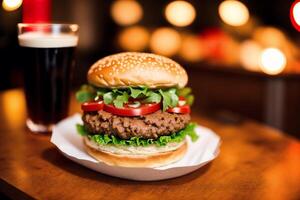 Nahansicht von lecker Hamburger mit Käse und Gemüse auf schwarz Hintergrund. generativ ai foto