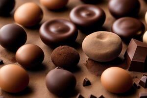 ein Sortiment von Schokolade, Süssigkeit, Riegel und Schokolade Stücke auf ein hölzern Hintergrund, Süss Lebensmittel. Schokolade Kuchen. generativ ai foto