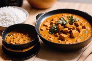 Curry mit Hähnchen und Gemüse im ein Schüssel auf ein hölzern Tisch. Gumbo. Gemüse Suppe. Meeresfrüchte Suppe generativ ai foto