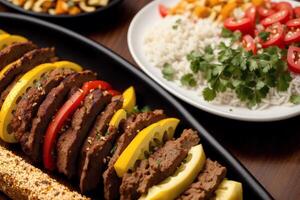 ein Teller mit Döner Kebab auf ein hölzern Tisch. Schaschlik Kebab, Fleisch Stöcke. generativ ai foto