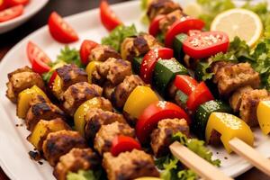 ein Teller mit Döner Kebab auf ein hölzern Tisch. Schaschlik Kebab, Fleisch Stöcke. generativ ai foto