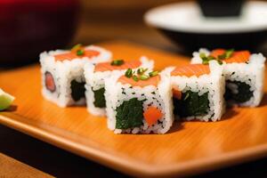 japanisch Küche. Sushi und Rollen auf das Tabelle im das Restaurant. generativ ai foto